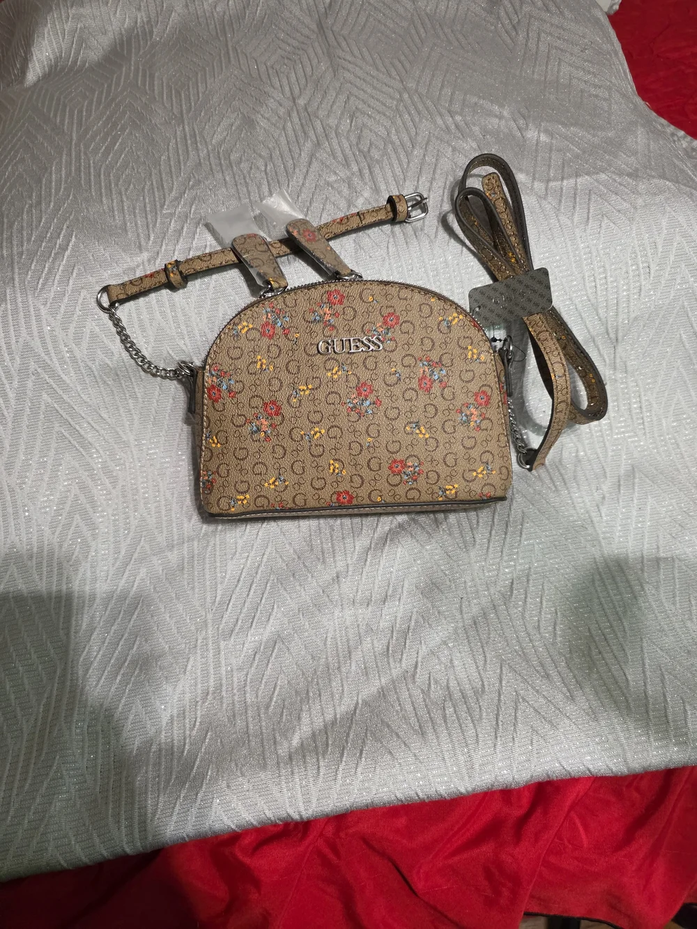 GUESS Beige Floral Logo Dome Crossbody with Red & Yellow Accents